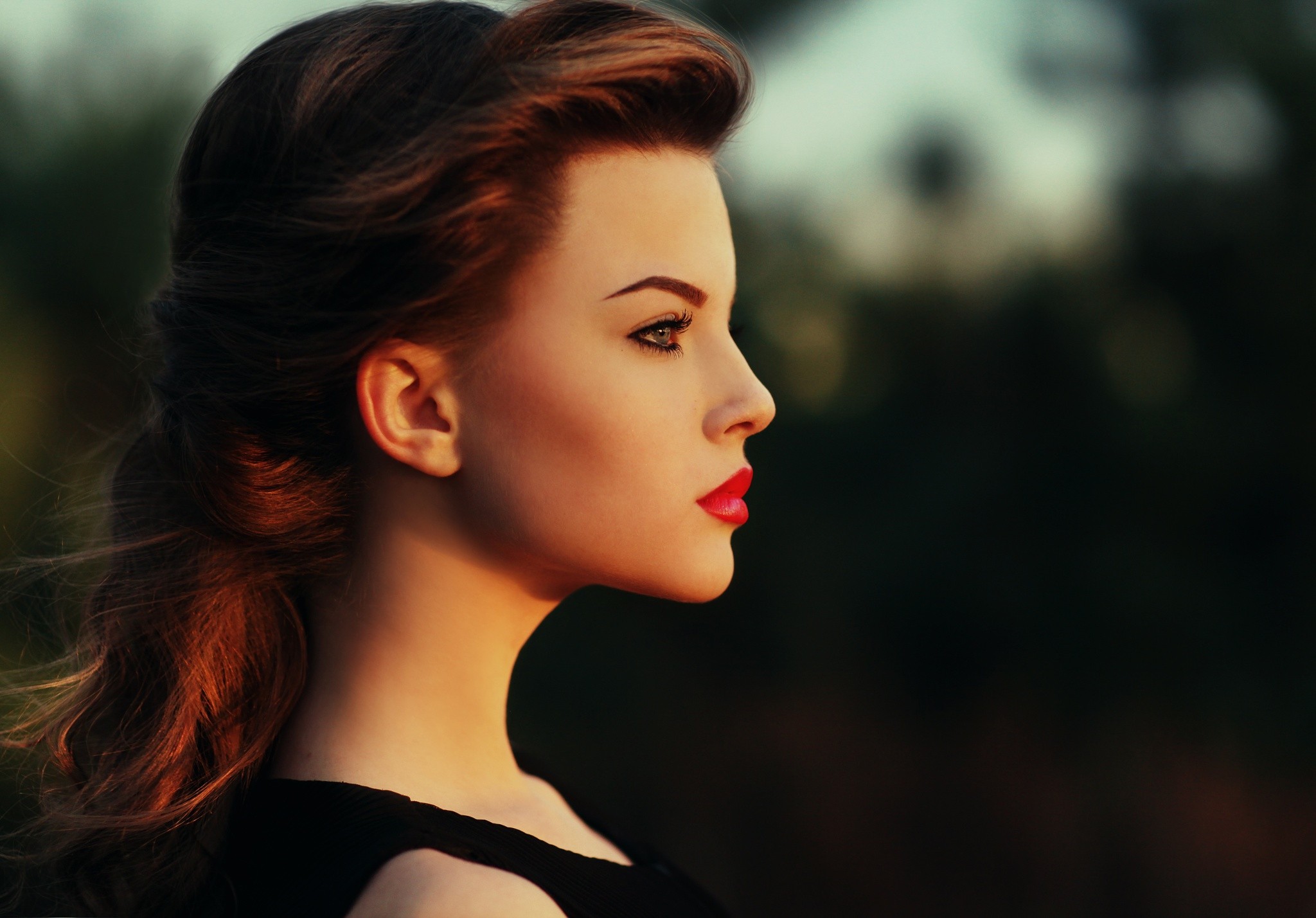 face-women-model-portrait-long-hair-profile-red-lipstick-black-h