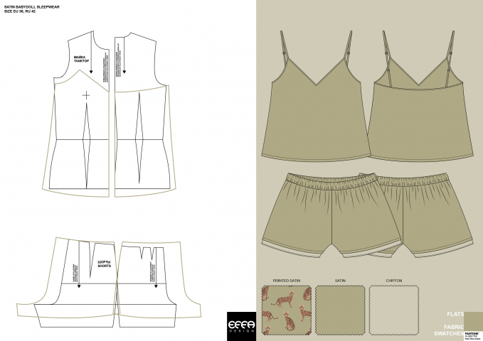Baby-doll sleepwear. Tech-drawing. Pattern