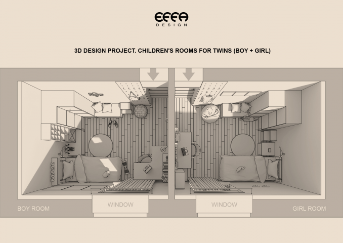 2,5D план детских комнат для близнецов (мальчик+девочка).