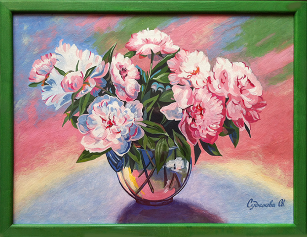 Пионы (в рамке). Бумага, гуашь.