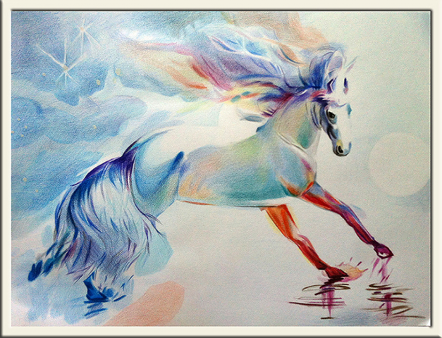 Единорог (в рамке). Акв. бумага, акварель, цв. графика.