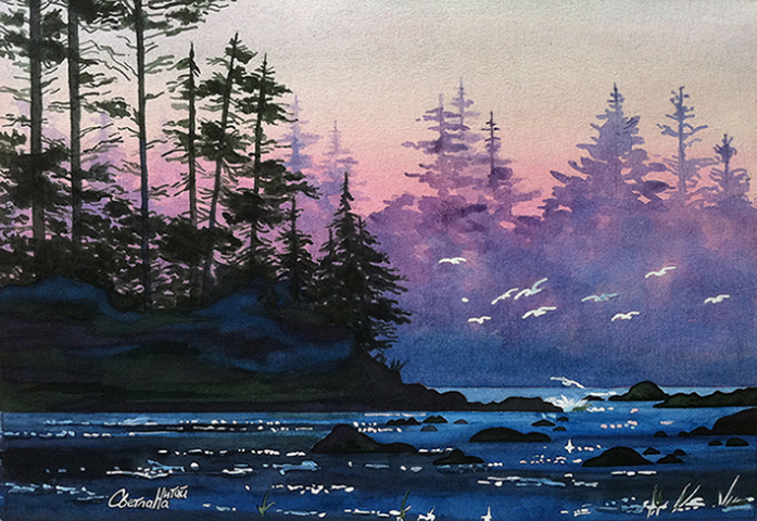 Бирюзовый пейзаж. Акв. бумага, акварель.