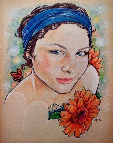 Девушка с герберами