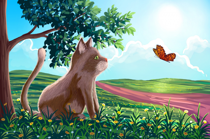 Кот и бабочка иллюстрация