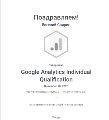 Сертификат Google Analytics №62660242 владелец Евгений Свирин