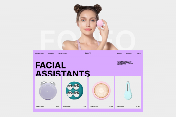 Концепт главного экрана e-commerce для бренда бьюти-гаджетов Foreo: минимализм, стиль и мгновенная конверсия