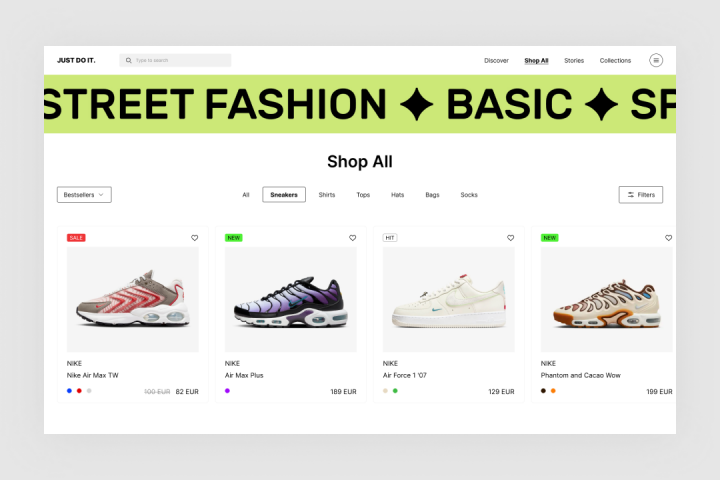 Концепт дизайн-экрана для интернет-магазина кроссовок: динамичный UI, яркий акцентный стиль и современная fashion-подача