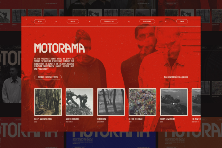 Концепт-дизайн сайта для инди-поп-рок группы Motorama: визуальная айдентика, вариативные цветовые схемы и атмосферная подача