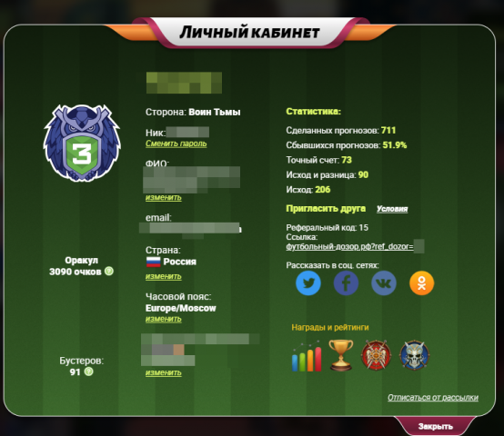 Личный кабинет конкурса футбольных прогнозов