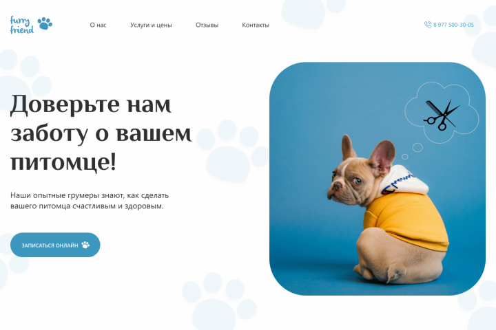Дизайн-концепт главного экрана веб-сайта груминга для животных