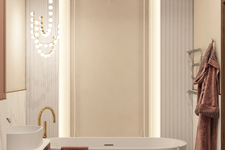 Дизайн пудровой ванной комнаты