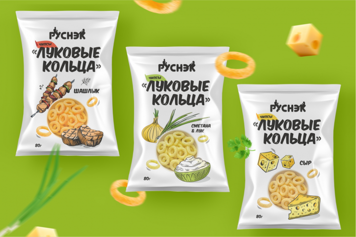 Разработка логотипа и упаковки для снеков "Руснэк"