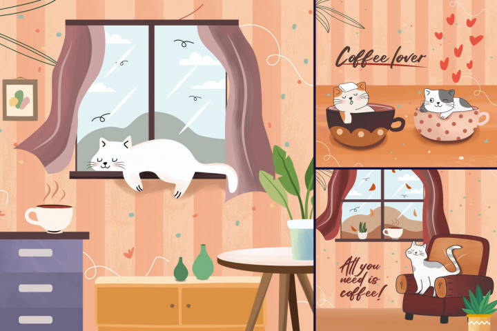 Иллюстрации для кофейни «Котейня» г.Видное