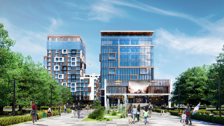 Визуализация многофункционального здания с офисами и жильем