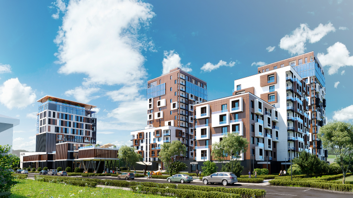 Визуализация многофункционального здания с офисами и жильем