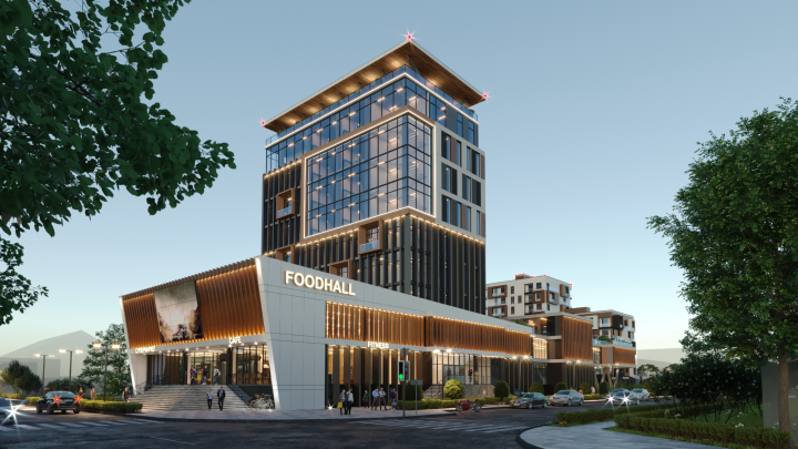 Визуализация многофункционального здания с офисами и жильем