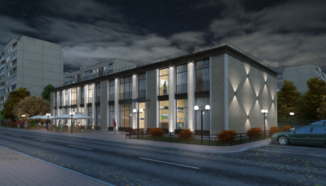 Торгово-офисное здание, вечерний вид.