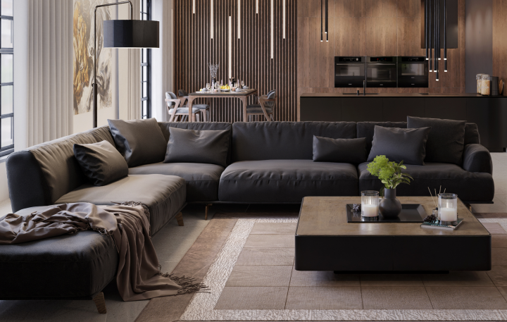Интерьер гостиной в тёмных тонах