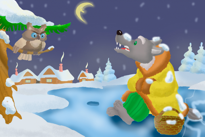 волк ловит рыбу, книжная иллюстрация