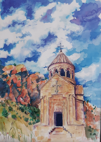 Картина акварелью. Церковь Нораванк. Армения