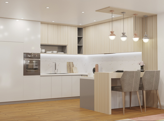 Дизайн и 3D-визуализация кухни-гостиной в квартире для молодой девушки