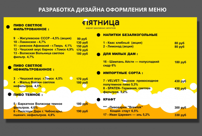 Меню в лайтбоксах для бара "Пятница" г. Москва