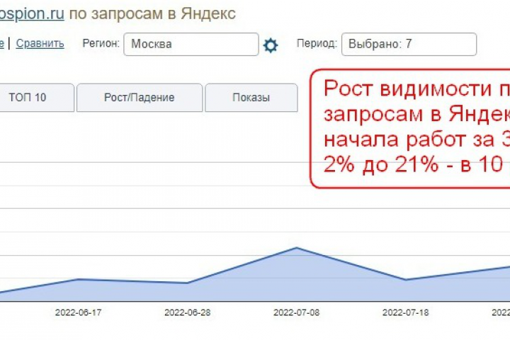 Рост видимости сайта по запросам в Яндексе за 3 мес. с 2% до 21%