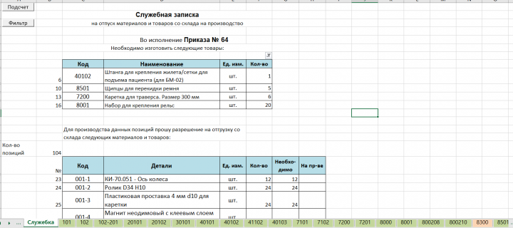 Таблица в Exel для подсчета необходимых комплектующих