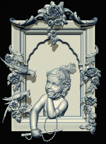 Кришна в обществе попугаев, барельеф