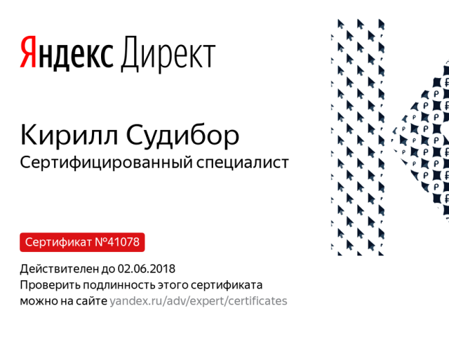 Сертификат Яндекс.Директа 2017 г.