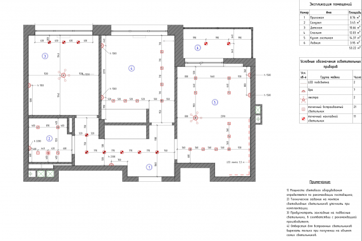 Схема размещения осветительных приборов