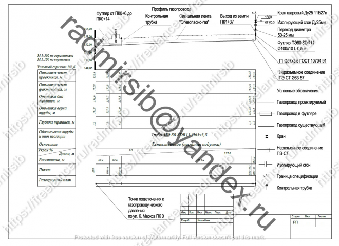 Продольный профиль трассы поселкового газопровода