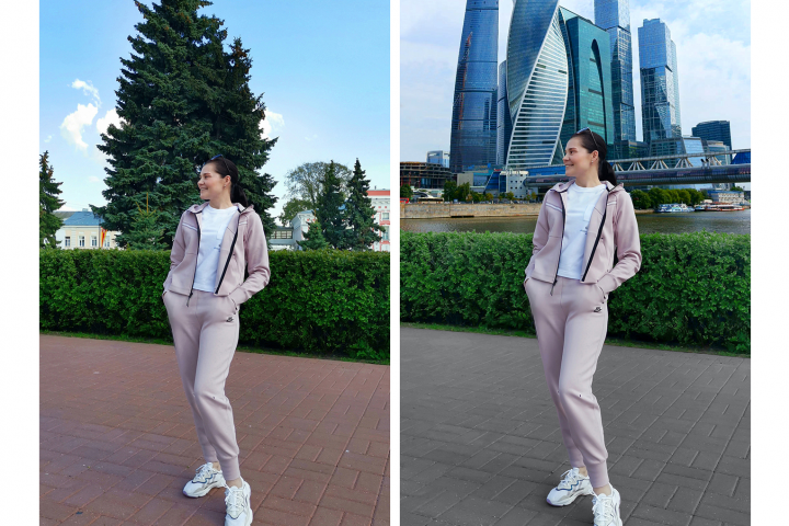 Фотомонтаж девушки в новое окружение, замена неба, цвета пола