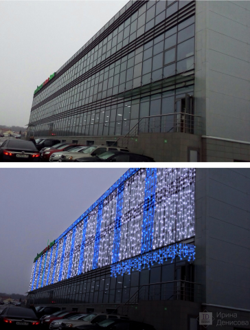 Фотомонтаж: новогодние гирлянды на фасад здания банка