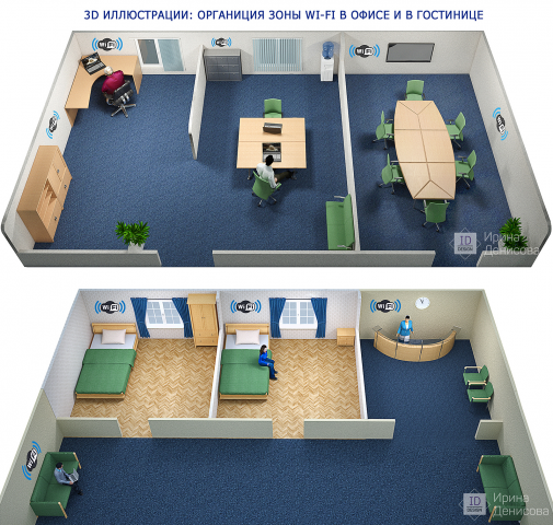 3D иллюстрации, зона WI-FI - гостиница и офис