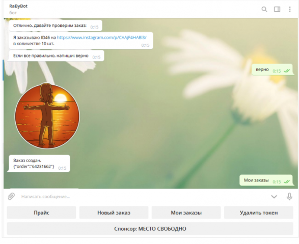 Telegram бот для заказа услуг на сайте nakrutka.by