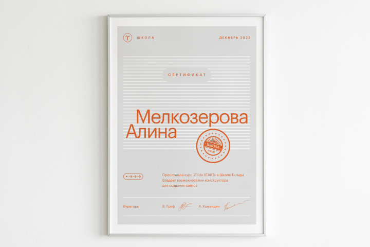 Сертификат "Дизайнер  сайтов на Тильде", TildaSchool