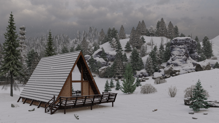 Зимняя 3д визуализация домика с стиле A-frame