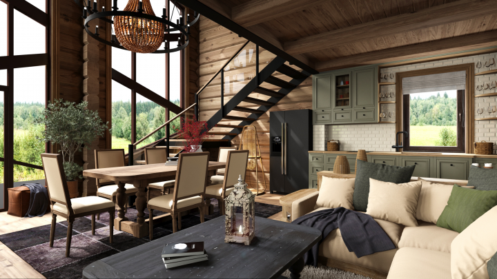 Кухня-гостиная в срубовом доме