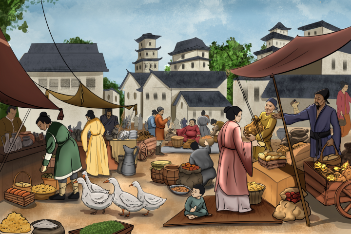 Иллюстрация Древний Китайский рынок