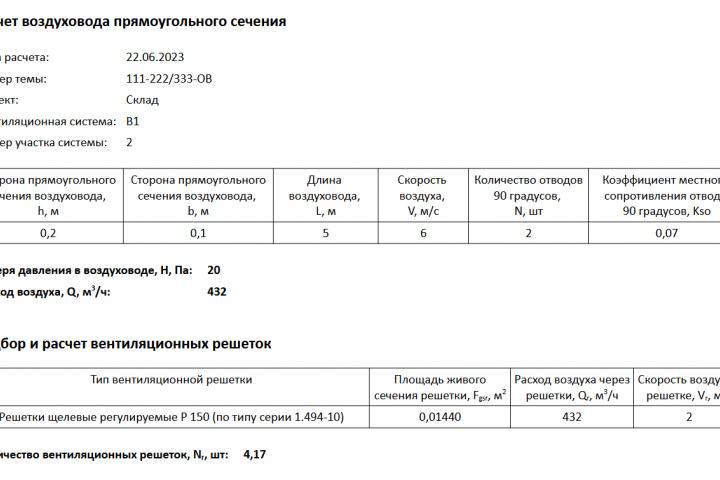 Результат расчета прямоугольного воздуховода в файле odt
