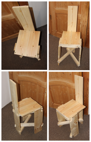 Стул из досок, брусьев и саморезов.
