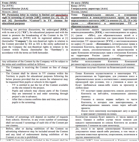 En-Ru Разрешительное письмо на показ видеоконтента (лицензия)