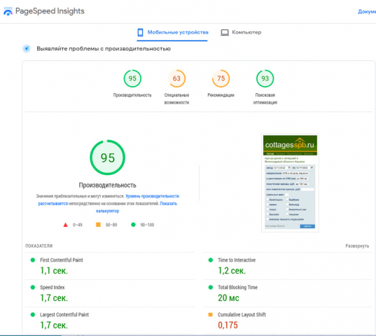 Быстродействие сайта 95 из 100 по Google PageSpeed Insight