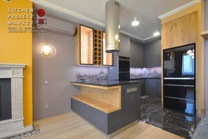 Бетон «Антрацит» и «Дуб Треви» в интерьере кухни-гостиной