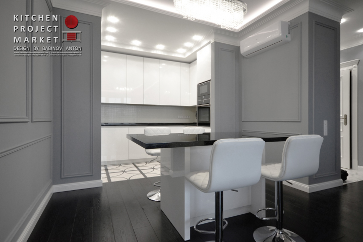 П-образная кухня-гостиная с островом в «Белом» глянцевом лаке