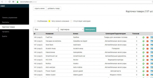 Наполнение карточек товара на https://skoromarket.com