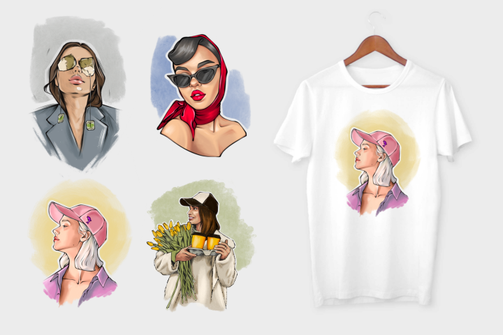 Серия принтов для футболок - девушки в технике диджитал пастель