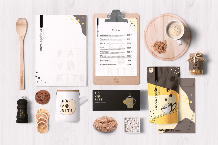 Дизайн упаковки кофе и фир стиль для кофейни Favorite Coffee