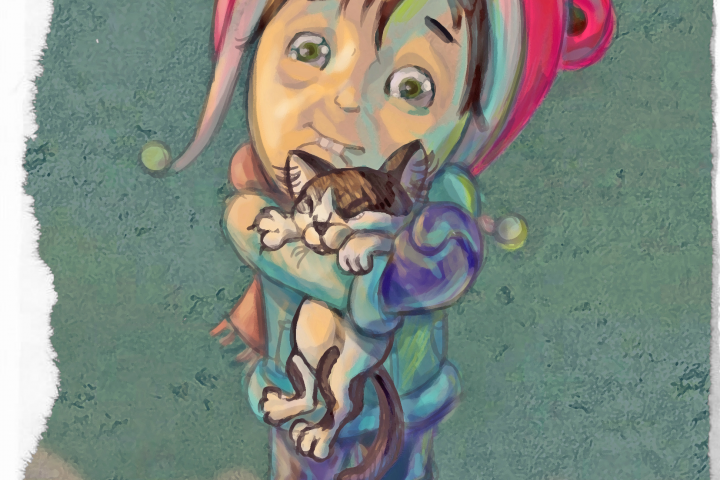 Иллюстрация. Рисунок. Девочка с котом
